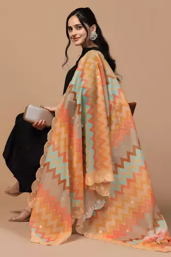 Digital Floral Motif Print Orgenza Silk Embroadery Sequnce Work Traditional Dupatta Wear on Kurti For Women and Girls