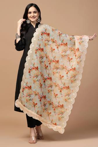 Digital Floral Motif Print Orgenza Silk Embroadery Sequnce Work Traditional Dupatta Wear on Kurti For Women and Girls