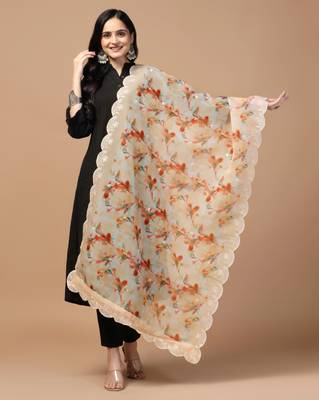 Digital Floral Motif Print Orgenza Silk Embroadery Sequnce Work Traditional Dupatta Wear on Kurti For Women and Girls 1