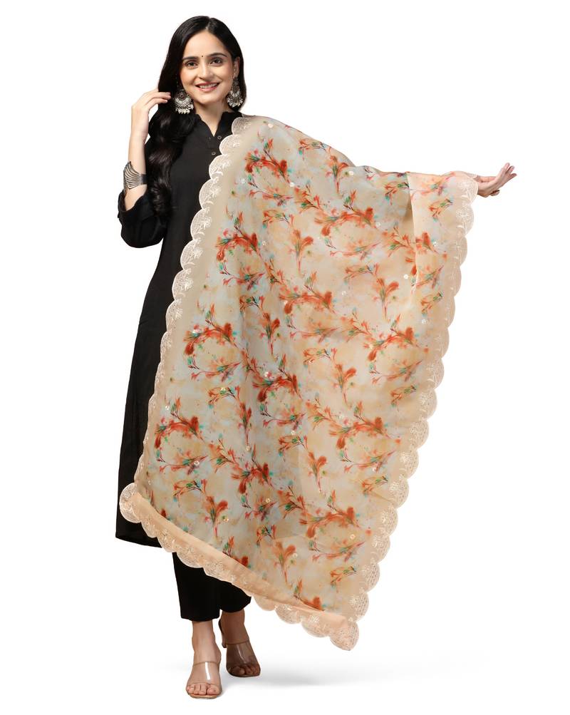 Digital Floral Motif Print Orgenza Silk Embroadery Sequnce Work Traditional Dupatta Wear on Kurti For Women and Girls