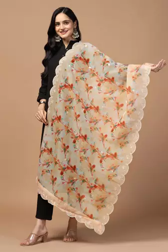 Digital Floral Motif Print Orgenza Silk Embroadery Sequnce Work Traditional Dupatta Wear on Kurti For Women and Girls