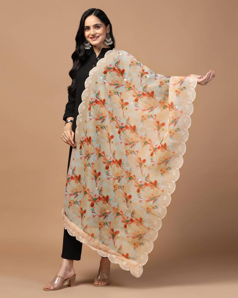 Digital Floral Motif Print Orgenza Silk Embroadery Sequnce Work Traditional Dupatta Wear on Kurti For Women and Girls