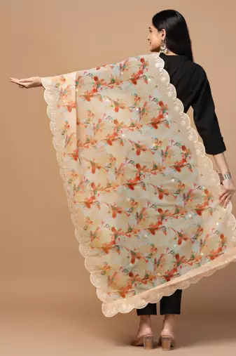 Digital Floral Motif Print Orgenza Silk Embroadery Sequnce Work Traditional Dupatta Wear on Kurti For Women and Girls