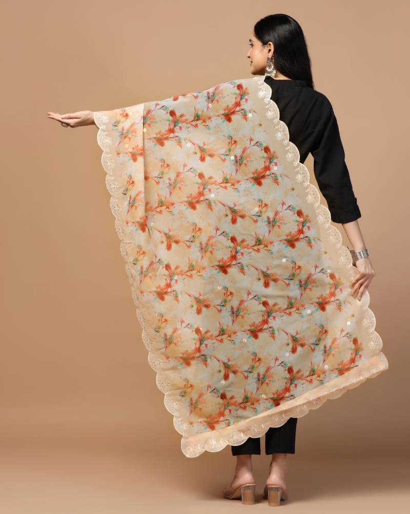 Digital Floral Motif Print Orgenza Silk Embroadery Sequnce Work Traditional Dupatta Wear on Kurti For Women and Girls