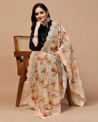 Digital Floral Motif Print Orgenza Silk Embroadery Sequnce Work Traditional Dupatta Wear on Kurti For Women and Girls 5