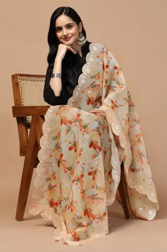 Digital Floral Motif Print Orgenza Silk Embroadery Sequnce Work Traditional Dupatta Wear on Kurti For Women and Girls