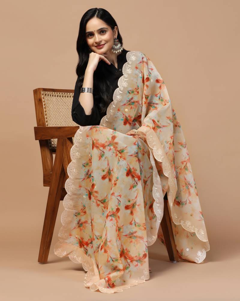 Digital Floral Motif Print Orgenza Silk Embroadery Sequnce Work Traditional Dupatta Wear on Kurti For Women and Girls