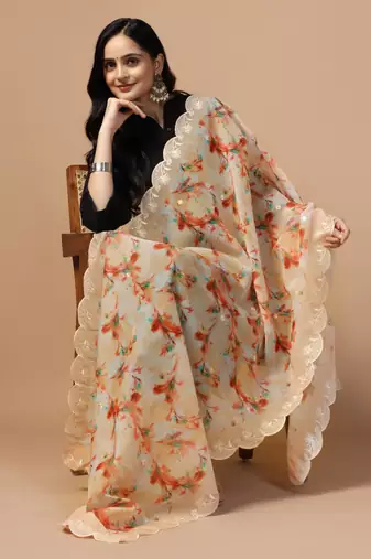 Digital Floral Motif Print Orgenza Silk Embroadery Sequnce Work Traditional Dupatta Wear on Kurti For Women and Girls