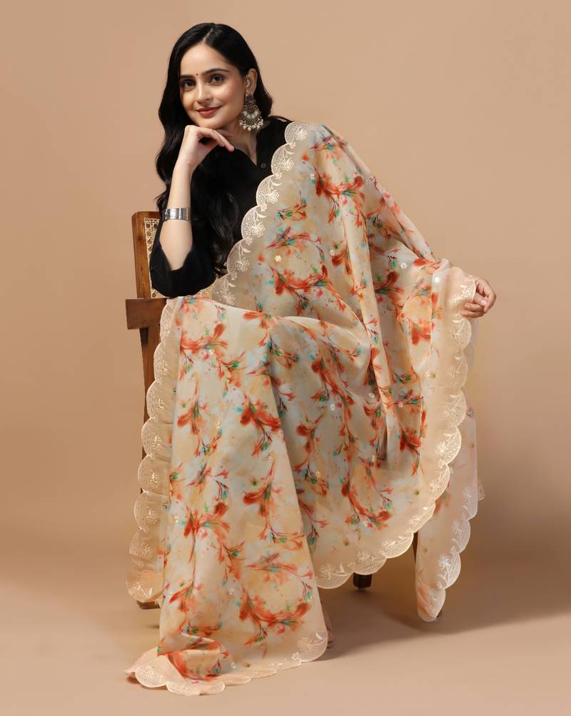 Digital Floral Motif Print Orgenza Silk Embroadery Sequnce Work Traditional Dupatta Wear on Kurti For Women and Girls