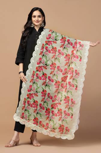 Digital Floral Motif Print Orgenza Silk Embroadery Sequnce Work Traditional Dupatta Wear on Kurti For Women and Girls