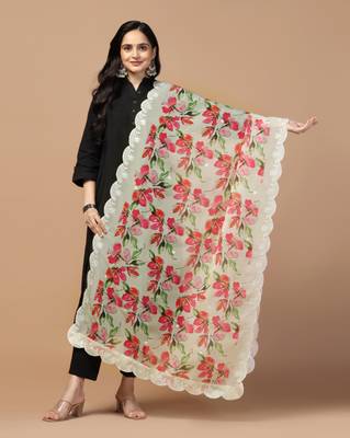 Digital Floral Motif Print Orgenza Silk Embroadery Sequnce Work Traditional Dupatta Wear on Kurti For Women and Girls 1