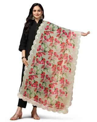 Digital Floral Motif Print Orgenza Silk Embroadery Sequnce Work Traditional Dupatta Wear on Kurti For Women and Girls 2