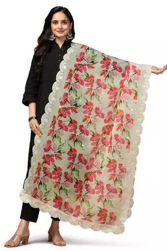 Digital Floral Motif Print Orgenza Silk Embroadery Sequnce Work Traditional Dupatta Wear on Kurti For Women and Girls