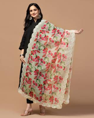 Digital Floral Motif Print Orgenza Silk Embroadery Sequnce Work Traditional Dupatta Wear on Kurti For Women and Girls 3