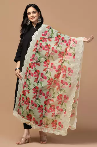 Digital Floral Motif Print Orgenza Silk Embroadery Sequnce Work Traditional Dupatta Wear on Kurti For Women and Girls