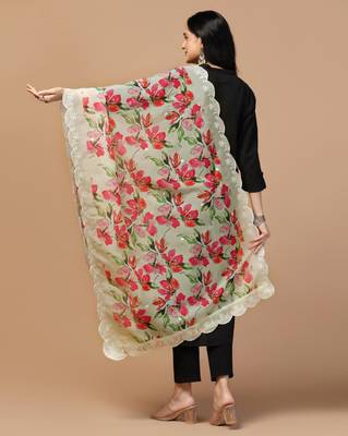 Digital Floral Motif Print Orgenza Silk Embroadery Sequnce Work Traditional Dupatta Wear on Kurti For Women and Girls 4