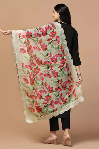 Digital Floral Motif Print Orgenza Silk Embroadery Sequnce Work Traditional Dupatta Wear on Kurti For Women and Girls