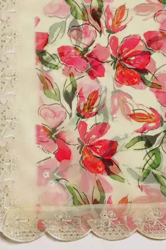 Digital Floral Motif Print Orgenza Silk Embroadery Sequnce Work Traditional Dupatta Wear on Kurti For Women and Girls