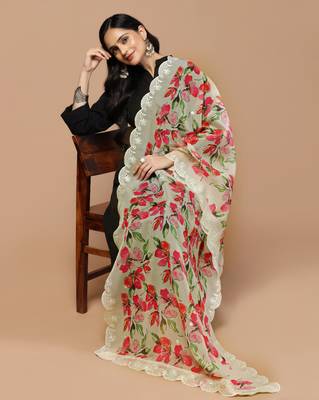 Digital Floral Motif Print Orgenza Silk Embroadery Sequnce Work Traditional Dupatta Wear on Kurti For Women and Girls 6