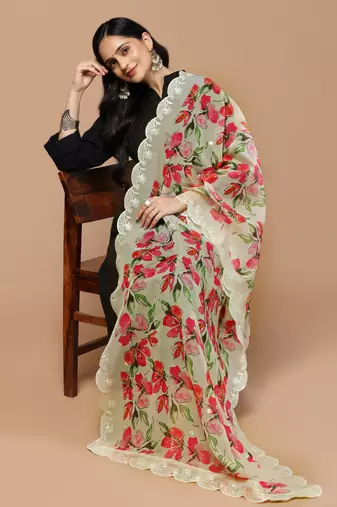 Digital Floral Motif Print Orgenza Silk Embroadery Sequnce Work Traditional Dupatta Wear on Kurti For Women and Girls