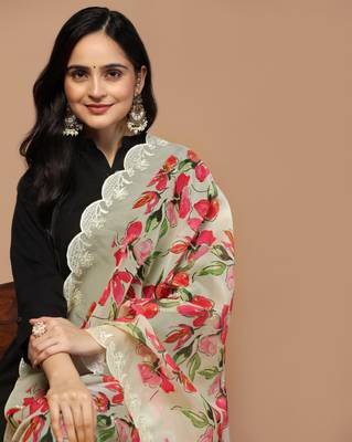 Digital Floral Motif Print Orgenza Silk Embroadery Sequnce Work Traditional Dupatta Wear on Kurti For Women and Girls 7