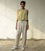 Green and offwhite cotton block print/flex rayon meadow travel set.