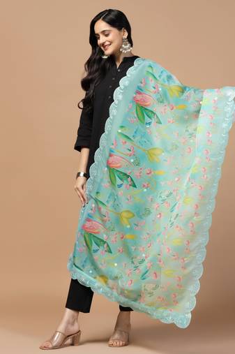 Digital Floral Motif Print Orgenza Silk Embroadery Sequnce Work Traditional Dupatta Wear on Kurti For Women and Girls
