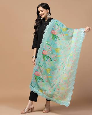 Digital Floral Motif Print Orgenza Silk Embroadery Sequnce Work Traditional Dupatta Wear on Kurti For Women and Girls 1