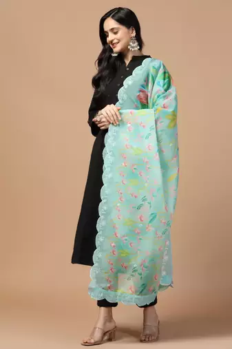 Digital Floral Motif Print Orgenza Silk Embroadery Sequnce Work Traditional Dupatta Wear on Kurti For Women and Girls