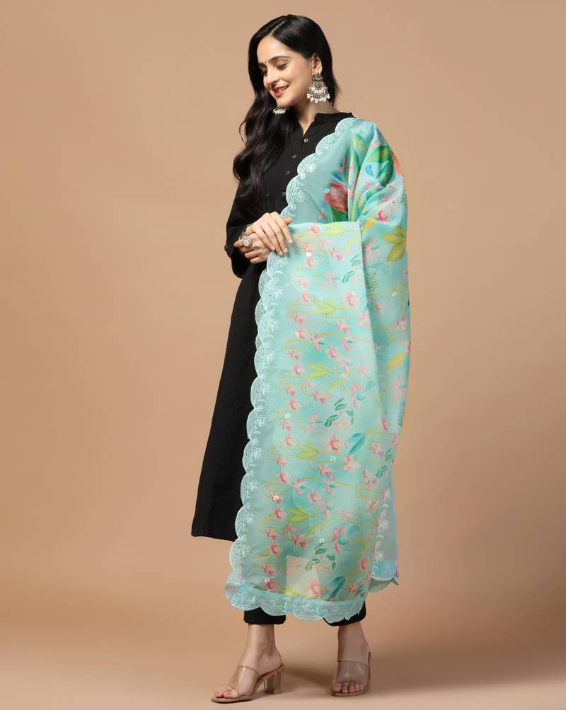 Digital Floral Motif Print Orgenza Silk Embroadery Sequnce Work Traditional Dupatta Wear on Kurti For Women and Girls