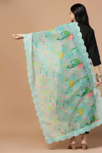 Digital Floral Motif Print Orgenza Silk Embroadery Sequnce Work Traditional Dupatta Wear on Kurti For Women and Girls
