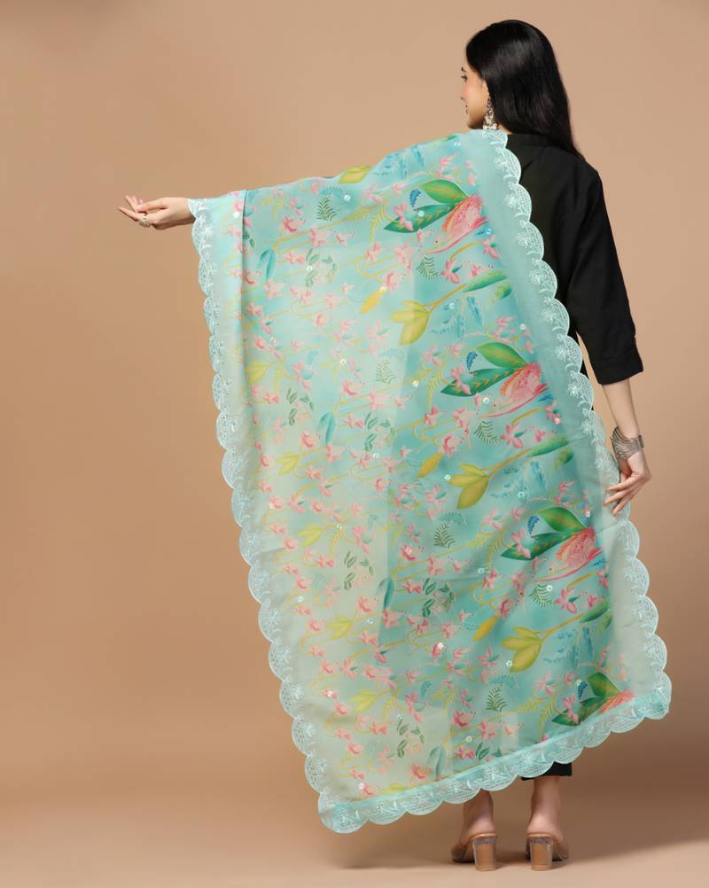 Digital Floral Motif Print Orgenza Silk Embroadery Sequnce Work Traditional Dupatta Wear on Kurti For Women and Girls