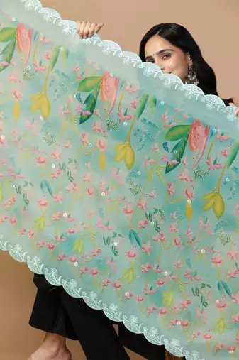 Digital Floral Motif Print Orgenza Silk Embroadery Sequnce Work Traditional Dupatta Wear on Kurti For Women and Girls