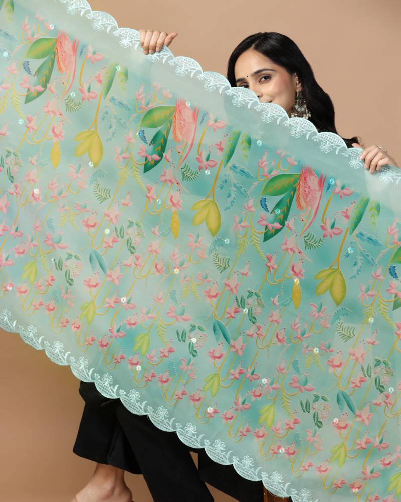 Digital Floral Motif Print Orgenza Silk Embroadery Sequnce Work Traditional Dupatta Wear on Kurti For Women and Girls