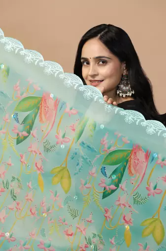 Digital Floral Motif Print Orgenza Silk Embroadery Sequnce Work Traditional Dupatta Wear on Kurti For Women and Girls