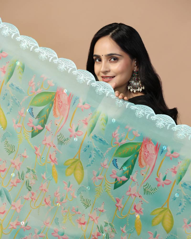 Digital Floral Motif Print Orgenza Silk Embroadery Sequnce Work Traditional Dupatta Wear on Kurti For Women and Girls