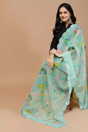Digital Floral Motif Print Orgenza Silk Embroadery Sequnce Work Traditional Dupatta Wear on Kurti For Women and Girls