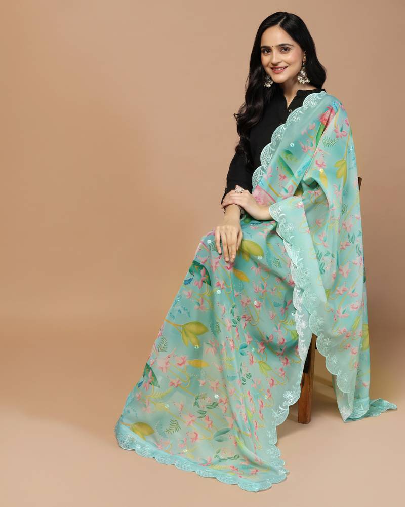 Digital Floral Motif Print Orgenza Silk Embroadery Sequnce Work Traditional Dupatta Wear on Kurti For Women and Girls