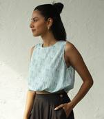 Blue cotton block print drizzle drawstring top