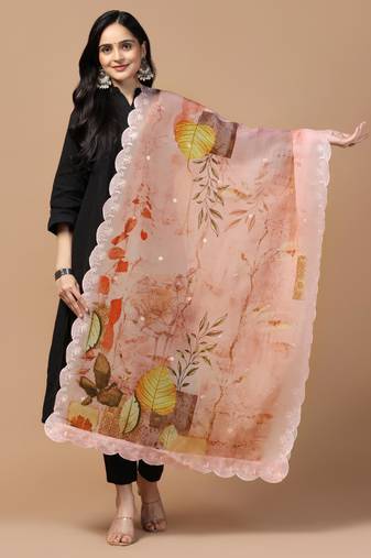 Digital Floral Motif Print Orgenza Silk Embroadery Sequnce Work Traditional Dupatta Wear on Kurti For Women and Girls