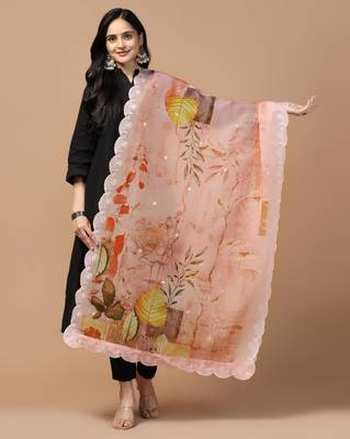 Digital Floral Motif Print Orgenza Silk Embroadery Sequnce Work Traditional Dupatta Wear on Kurti For Women and Girls 1