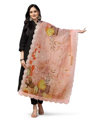 Digital Floral Motif Print Orgenza Silk Embroadery Sequnce Work Traditional Dupatta Wear on Kurti For Women and Girls 2