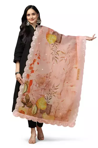 Digital Floral Motif Print Orgenza Silk Embroadery Sequnce Work Traditional Dupatta Wear on Kurti For Women and Girls
