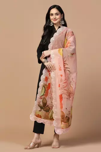 Digital Floral Motif Print Orgenza Silk Embroadery Sequnce Work Traditional Dupatta Wear on Kurti For Women and Girls