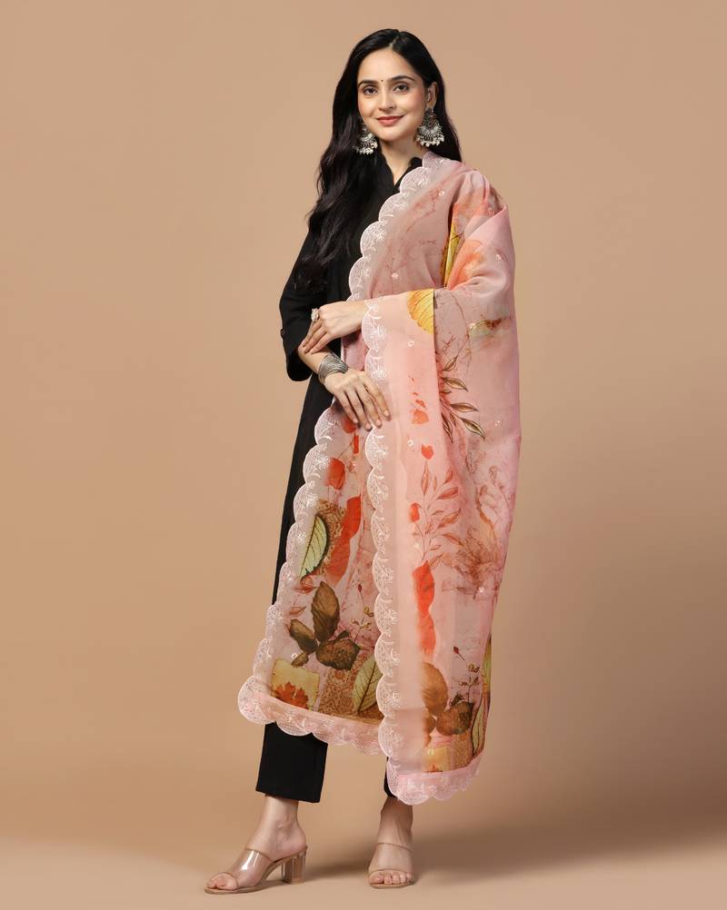 Digital Floral Motif Print Orgenza Silk Embroadery Sequnce Work Traditional Dupatta Wear on Kurti For Women and Girls
