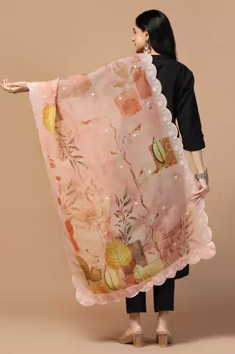 Digital Floral Motif Print Orgenza Silk Embroadery Sequnce Work Traditional Dupatta Wear on Kurti For Women and Girls