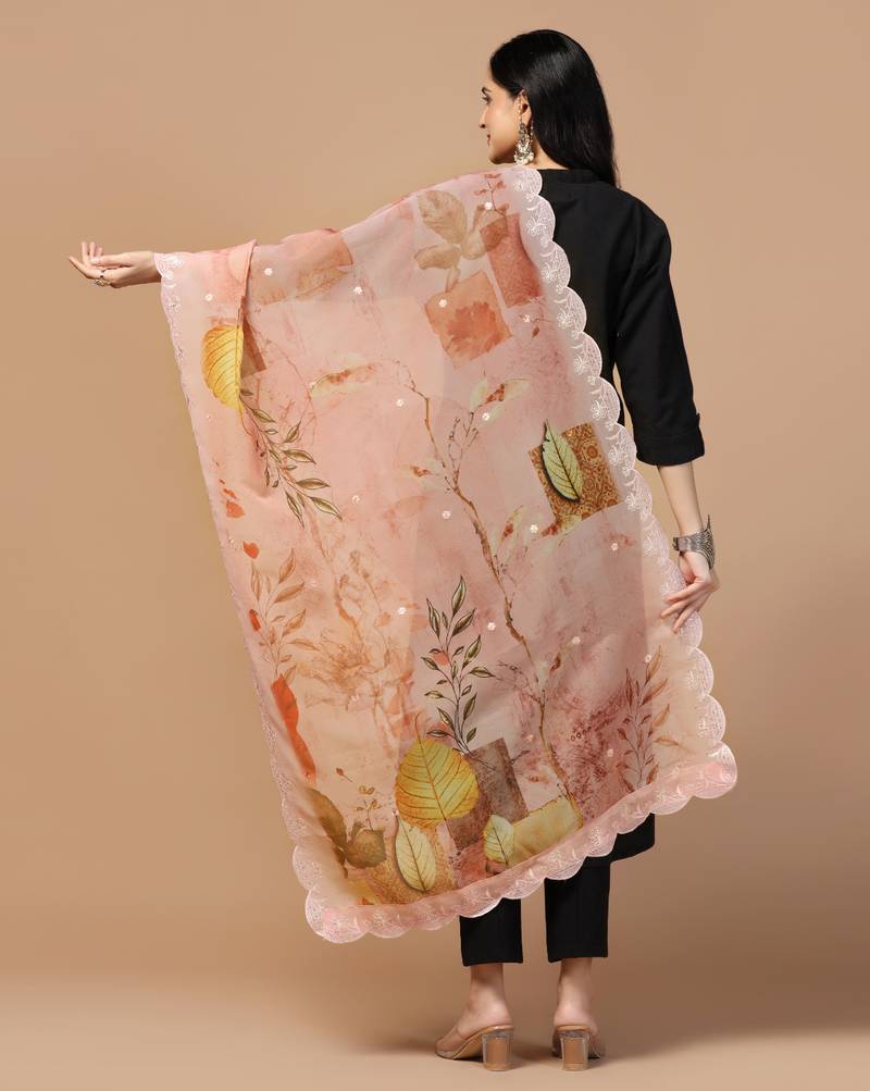 Digital Floral Motif Print Orgenza Silk Embroadery Sequnce Work Traditional Dupatta Wear on Kurti For Women and Girls