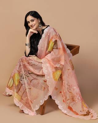 Digital Floral Motif Print Orgenza Silk Embroadery Sequnce Work Traditional Dupatta Wear on Kurti For Women and Girls 6