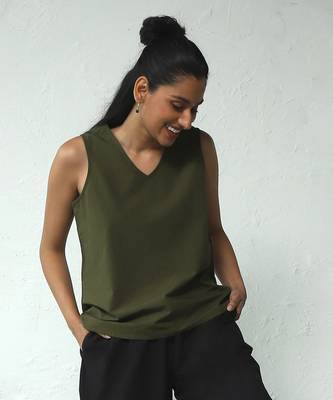 Olive green poplin forest sleeveless top 1