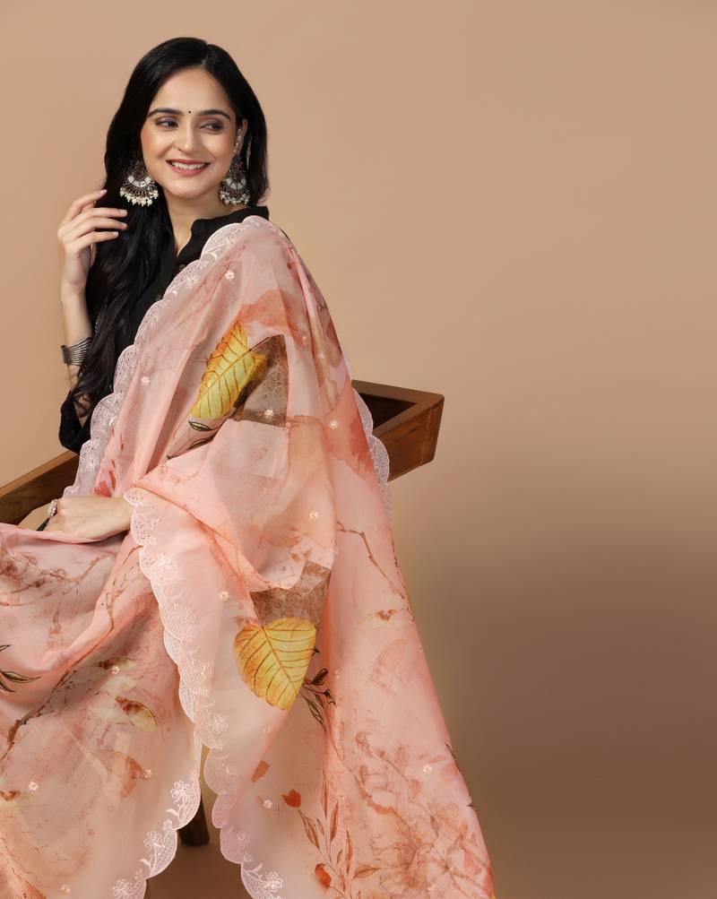 Digital Floral Motif Print Orgenza Silk Embroadery Sequnce Work Traditional Dupatta Wear on Kurti For Women and Girls